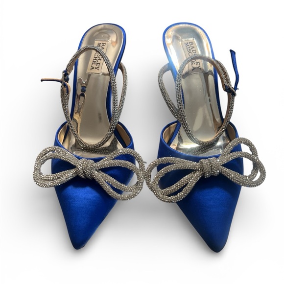 Badgley Mischka Jasmine Royal Blue Satin Point Toe Slingback Heels with Crystal - Picture 2 of 9
